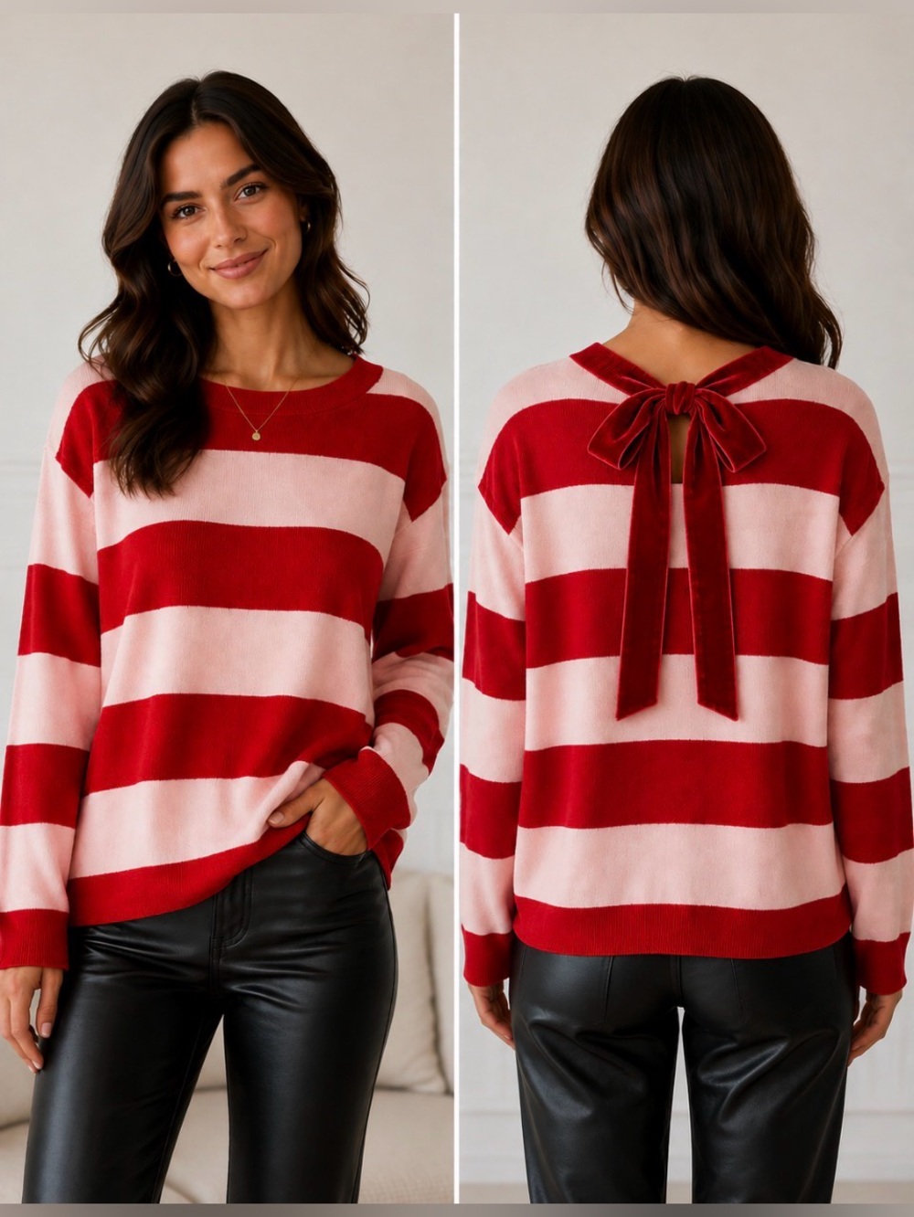 HALOGEN Atlantic-Pacific Stripe Bow Back Sweater Red/Pink XL NWT
